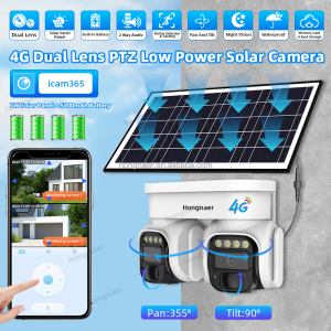 Hongnaer Dual Lens 8MP 4G LTE Solar Panel Low Powered PTZ Security Camera Outdoor Surveillance 4K 4G Sim Card Solar CCTV Camera