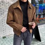 Men's Spring and Autumn Retro Brown Coffee Suede Coat Short Flight Jacket